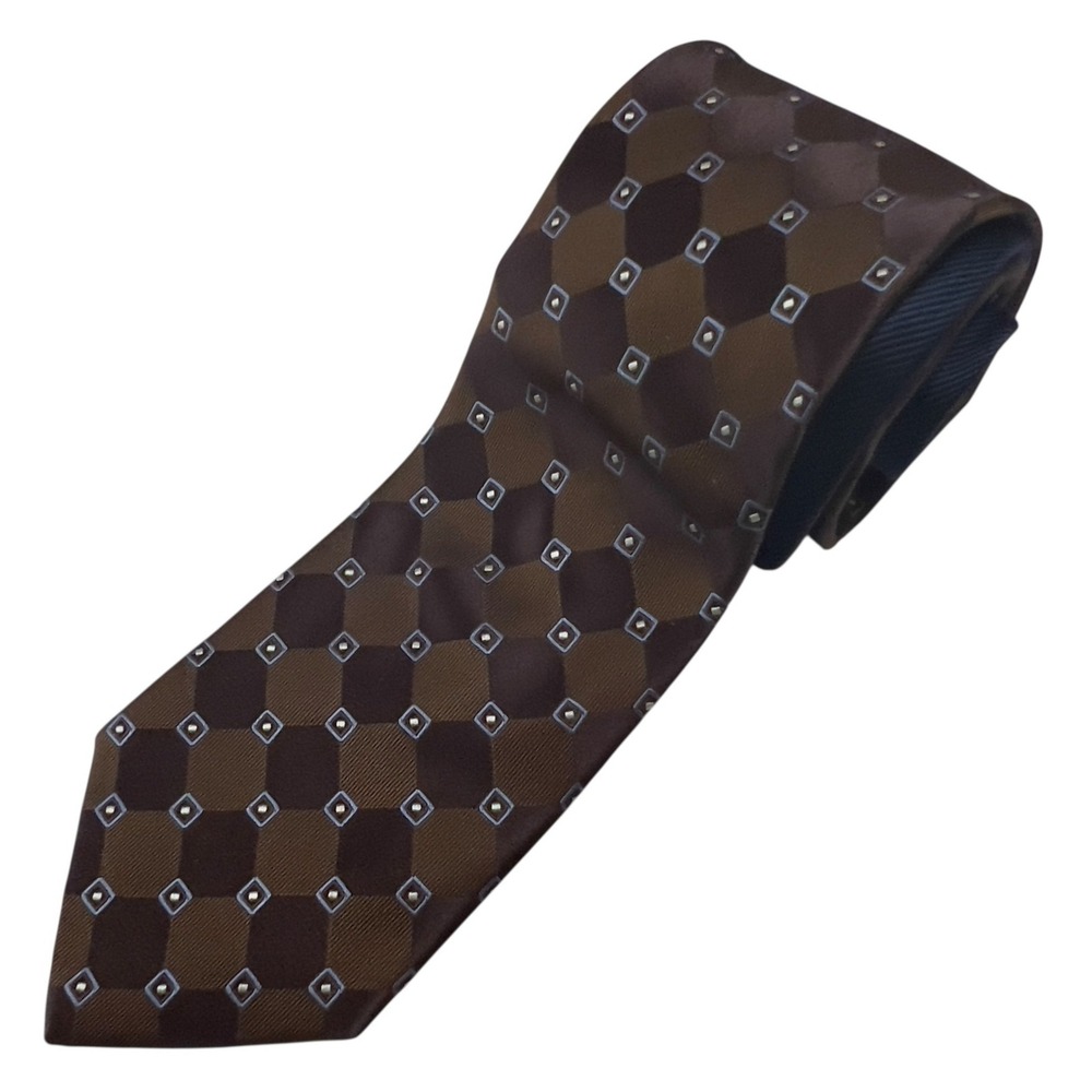 Tommy Hilfiger Men's Brown Diamond & Geo Print 100% Silk Necktie Business Career